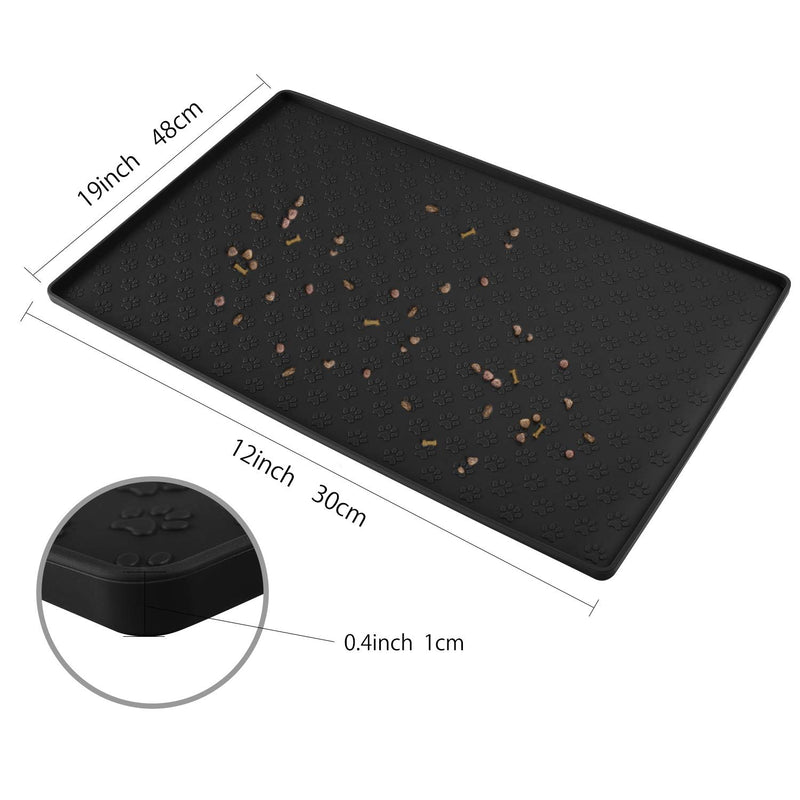 [Australia] - Coomazy Dog & Cat Food Mat, M (19"x12") L (24"x16") Silicone Waterproof Pet Feeding Bowl Dish Placement Tray with Raised Edges to Stop Cat Food Spills and Water Messes Out to Floor 19x12in Black 