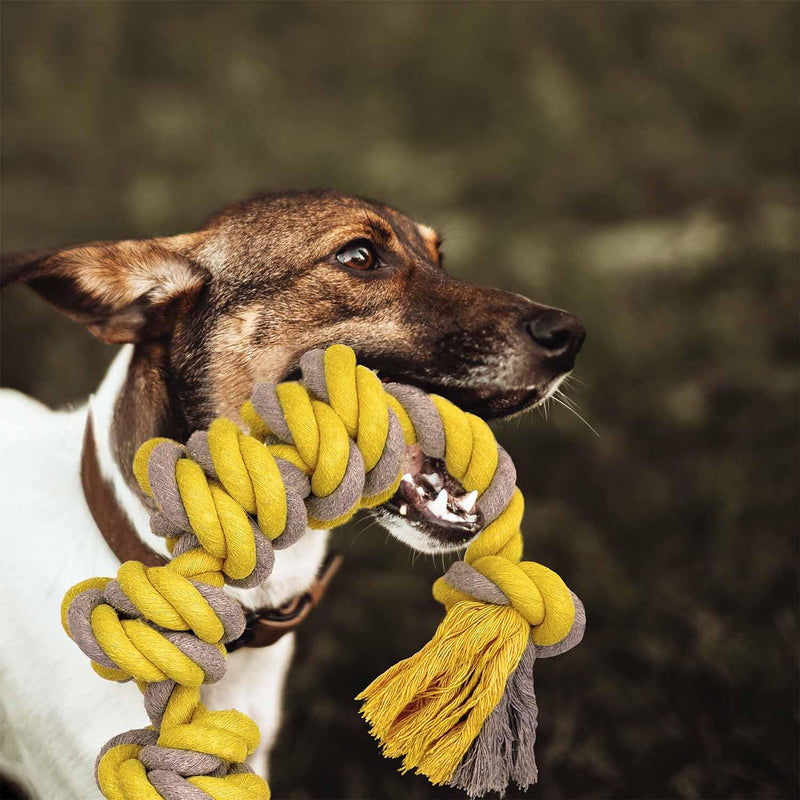 Dr. MUYA Toy for Dogs, Six Knot Cotton Rope Yellow Gray Chew Toy Interactive Game Rope Suitable for Medium and Large Dogs 62cm 350g (yellow, gray) 350g - PawsPlanet Australia
