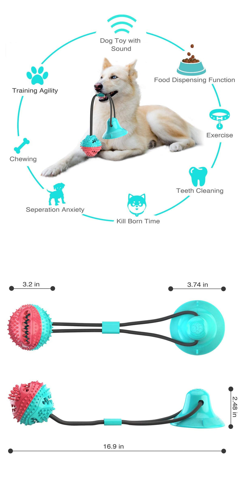 QPQEQTQ Dog Chew Suction Cup Tug of War Toy Ball for Aggressive Chewers, Interactive Puppy Training Treats Teething Chew Rope Puzzle Toothbrush Molar Bite Squeak Toys Medium Kon-Ble - PawsPlanet Australia