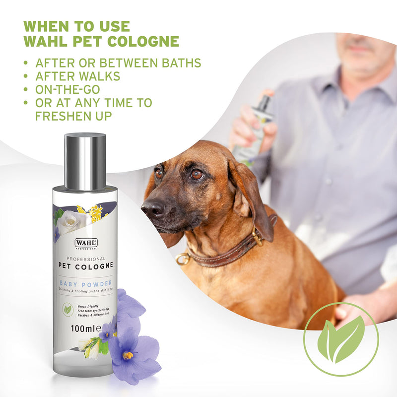 Wahl Dog Perfume Spray, Pets Cologne, Grooming Pets At Home, Free of Sulphates, Parabens, Alcohol, Vegan Friendly, Deodorise and Rejuvenate Animal Skin and Coat, Baby Powder Scent 100ml 100 ml Baby Powder 100ml - PawsPlanet Australia