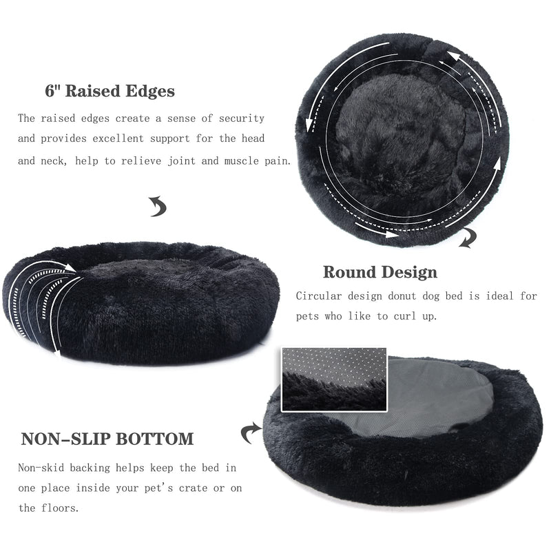 Anxiety Dog Bed and Grey Dog Calming Blanket Set Comfy Donut Cuddler Pet Bed for Orthopedic Relief, Improved Sleeping, Waterproof Bottom S-19" Black - PawsPlanet Australia