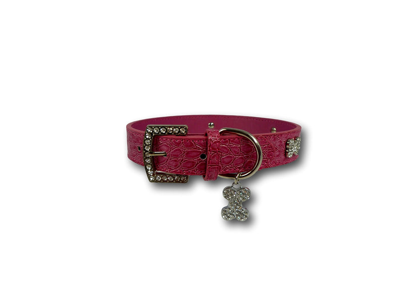 Cara Mia Dogwear Pink Crocodile PU Leather Diamante Bone Collar with Bone Charm (Small) Small - PawsPlanet Australia