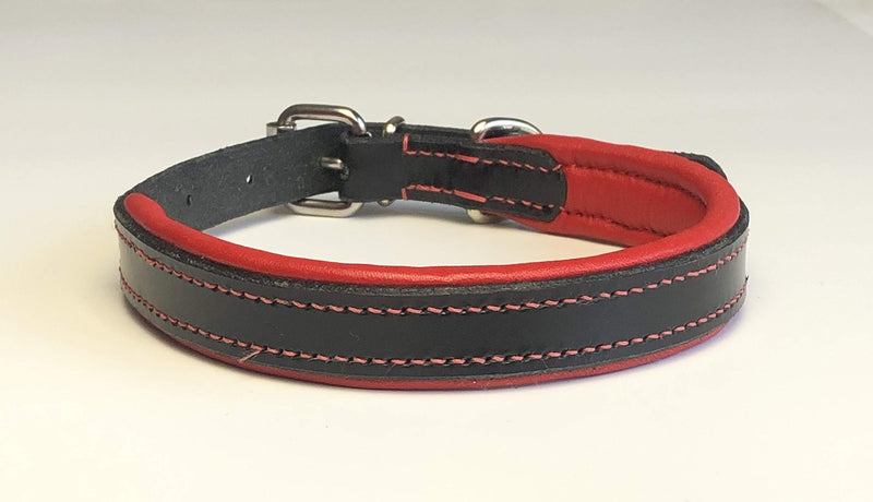 KLASSY K9 SEDGWICK BRIDLE LEATHER PADDED DOG COLLAR IN BLACK WITH RED LEATHER PADDING MEDIUM 16”-20” 40CM-50CM WITH CHROME ACCESSORIES - PawsPlanet Australia