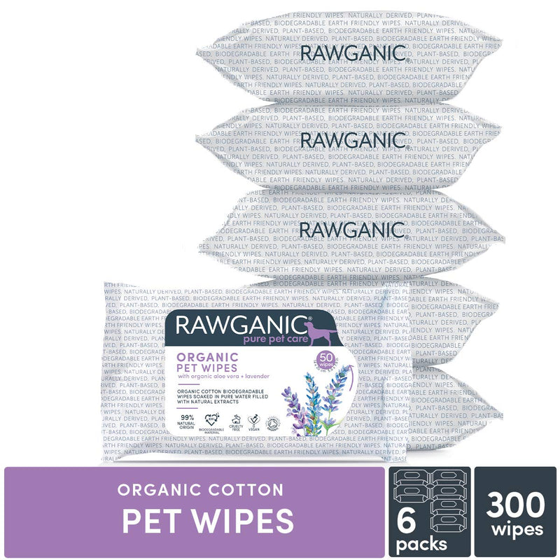 RAWGANIC Organic Pet Wipes | Gentle Natural, Premium Biodegradable Organic Cotton dog, cat and small animal wipes | with Aloe Vera & Lavender | 6 Pack (300 wipes in total) 6 Pack (300 wipes in total) - PawsPlanet Australia