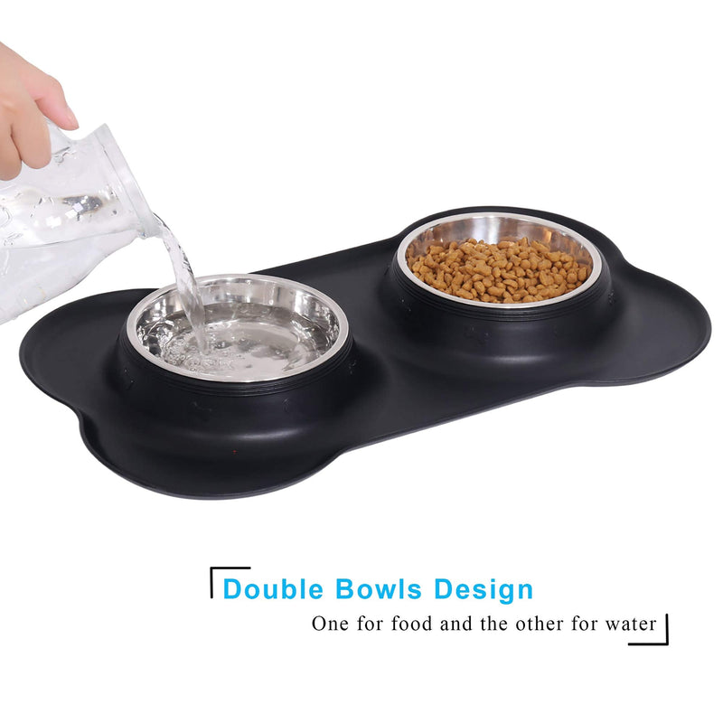 Dog Cat Bowls Stainless Steel Double Dog Food and Water Bowls with No-Spill No-Skid Silicone Mat, Pet Feeder Bowls Small Puppy Bowl for Small Dogs Cats Black - PawsPlanet Australia