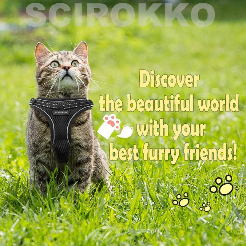 SCIROKKO Cat Harness and Lead Set - Escape Proof Adjustable Puppy Harness for Outdoor with Reflective Strap, Soft Mesh with Metal Clip Cat Walking Jacket for Kitten Rabbit Black - PawsPlanet Australia