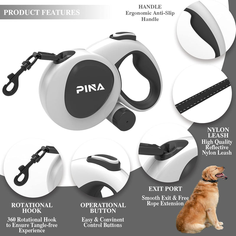 PINA Heavy Duty Retractable Dog Leash for Large Dogs Up to 110lbs, 16ft 360° Tangle-Free Strong Reflective Nylon Leash, with Anti-Slip Handle, One-Handed Brake, Pause, Lock Panda - PawsPlanet Australia