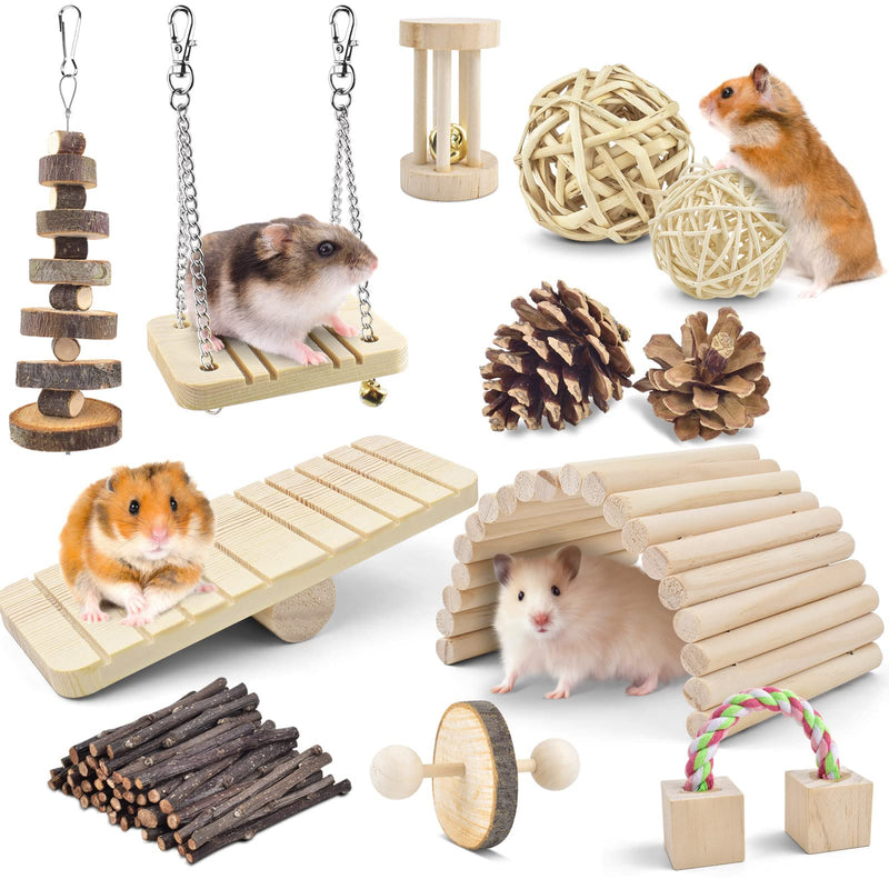 ERKOON Hamster Chew Toys, Pack of 12 Natural Wood Rabbit Toys Exercise Bell Roller Dental Care Molar Toys for Chinchilla Rabbits Guinea Pigs - PawsPlanet Australia