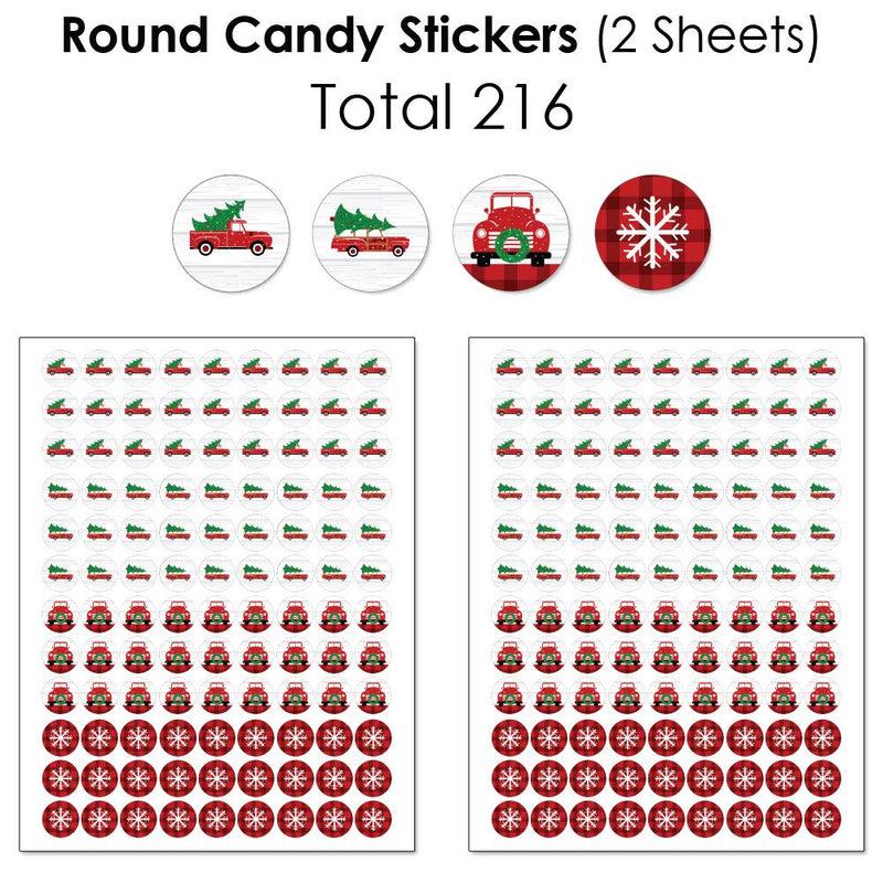 Big Dot of Happiness Merry Little Christmas Tree - Mini Candy Bar Wrappers, Round Candy Stickers and Circle Stickers - Red Truck and Car Christmas Party Candy Favor Sticker Kit - 304 Pieces - PawsPlanet Australia