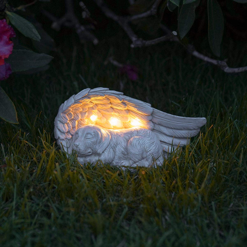 Festive Lights Tastefully and lovingly designed memorial stone with solar-powered LED lighting - including batteries, integrated solar panels and twilight switch, (angel wings with dog) angel wings with dog - PawsPlanet Australia