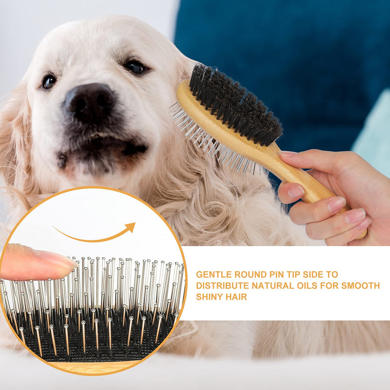 Dog & Cat Brush Slicker Grooming Combo Double Sides Elegant Bristle & Round Pin Detangles & Softens Coat for Shedding Short Medium Long Hair Remove Loose Hair, Fur & Dirt - PawsPlanet Australia