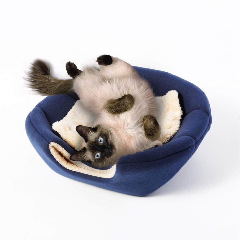 [Australia] - Bow Meow PREMIUM Pet Bed/Cave, Cat Bed and Cave, Small Dog Bed, 2-in-1 foldable, soft, warm, washable pet bed with a pillow. 18"X16"X14" Navy Blue 