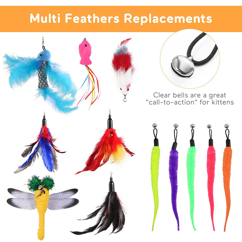 POPETPOP 2PCS Cat Feather Toy Set - Retractable Interactive Teaser Wand Cat Toys with 12 Refills Feathers Worms Fish Mouse Dragonfly Catcher for Cats and Kitten - PawsPlanet Australia