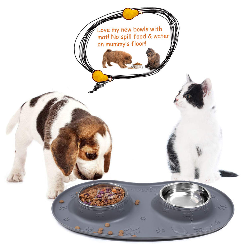 Vivaglory Dog Bowls Set with Double Stainless Steel Feeder Bowls and Wider Non Skid Spill Proof Silicone Mat for Cats Puppies Dogs 6½ oz ea. Grey - PawsPlanet Australia