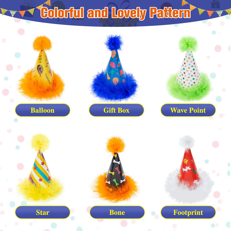 TAILGOO Dog Party Hat Set - 6 Pack Adjustable Colorful Caps Long Short Plush Happy Birthday Party Doggies Hats with Patterns Paw, Star, Bone, Wave Point, for Puppies, Small Medium Dogs - PawsPlanet Australia