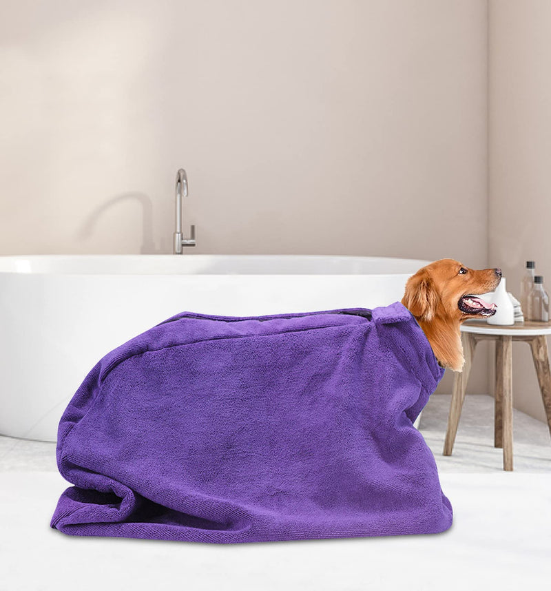 Premium Microfiber Dog Drying Bag - Quickly Removes Water Mud and Dirt - Extra Absorbent Towel Solution with Durable Hook and Loop Neck Strap-Purple-XS XS Purple - PawsPlanet Australia