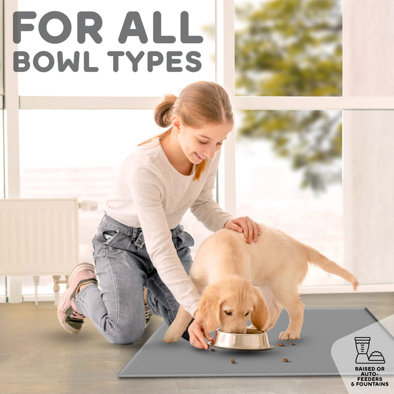PETHAPPILY Dog Food Mat - Raised Edges Dog Mat for Food and Water Prevent Spill, Waterproof Cat Food Mat Protect Floors, Easy Clean Dog Bowl Mats for Food and Water, Silicone Pet Food Mat with E-Book 18.5" x 11.5" Gray - PawsPlanet Australia