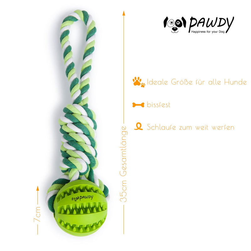 PAWDY dog rope with ball for fun and dental care - Robust dog toy for medium & large dogs - Chew toy with nubs made of natural rubber - Ball rope throwing toy for dogs (green) Green - PawsPlanet Australia
