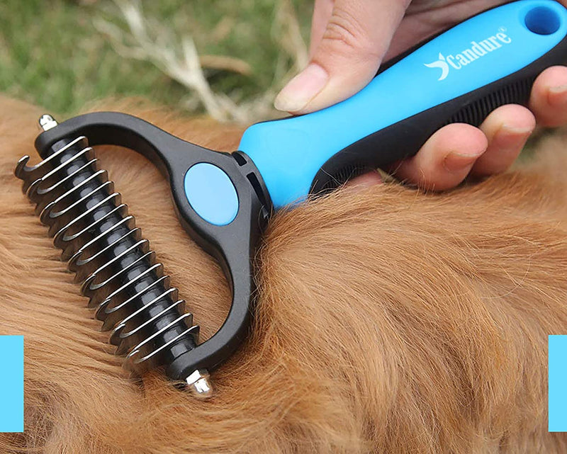 Candure Dog Brush Long Hair and Cat Brush Double Sided 9+17 Stainless Steel Undercoat for Small and Large Dogs, Removing Detangling Knots and Short Hair Breeds (Blue) Blue - PawsPlanet Australia