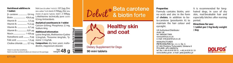 PETS Dolfos Beta Carotene & Biotin Forte 90 mini tablets Healthy Skin and Coat for Small Dogs - PawsPlanet Australia