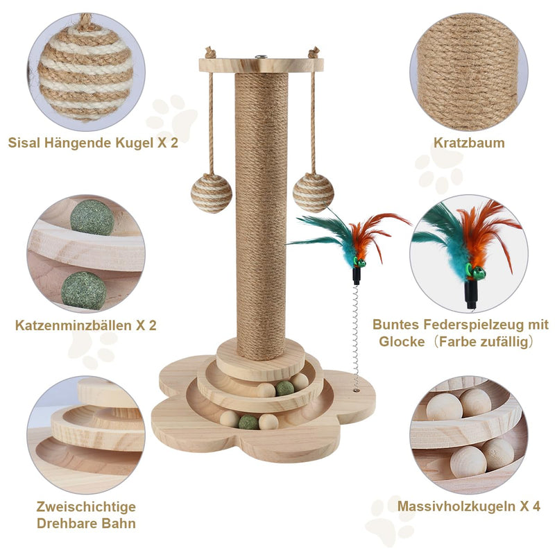 Vefhby Cat Toy 4 in 1 Cat Toy Self-employment, Sisal Rope Scratching Post with Hanging Balls, Interactive Cat Toy with Spring, Cat Toy Intelligence Solid Wood Flower - PawsPlanet Australia