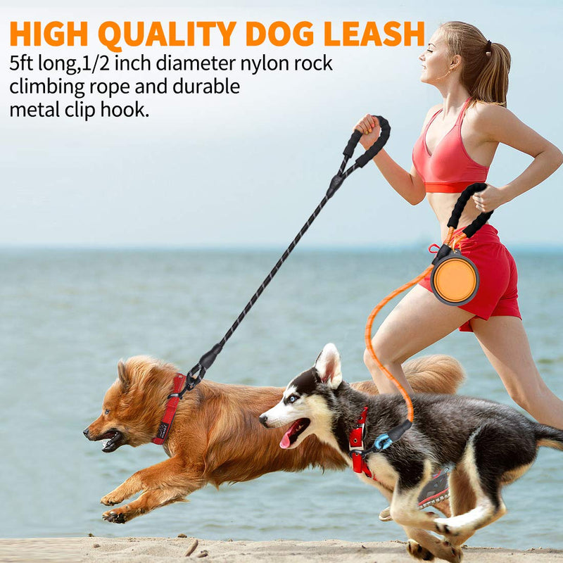 [Australia] - COOYOO - 2 Pack Dog Leash 5 FT Heavy Duty Radiant Colors, Reflective Rope - Padded Handle - Reflective Dog Leash for Medium Large Dogs with Collapsible Pet Bowl Set 4-Black+Orange 