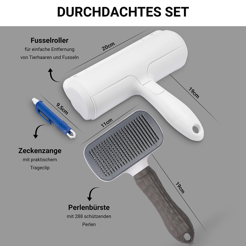 FinoPet set of 3 cat brush, dog brush, XL lint roller and tick tweezers in a promotional set, short and long hair brush with self-cleaning function, animal hair remover, automatic tick removal - PawsPlanet Australia