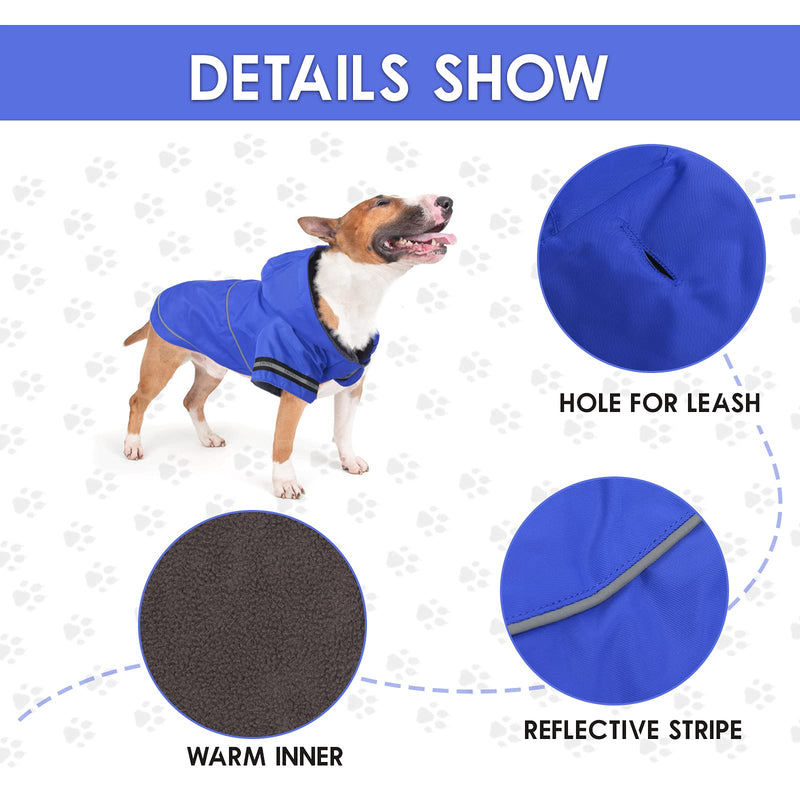 Dog Reflective Waterproof Raincoat Winter Hoodie Jacket with Leash Hole Warm Fleece Lining Lightweight Visibility Safety Strap Slicker Poncho Cold Weather Coat for Small Medium Large Dogs and Puppy Blue - PawsPlanet Australia