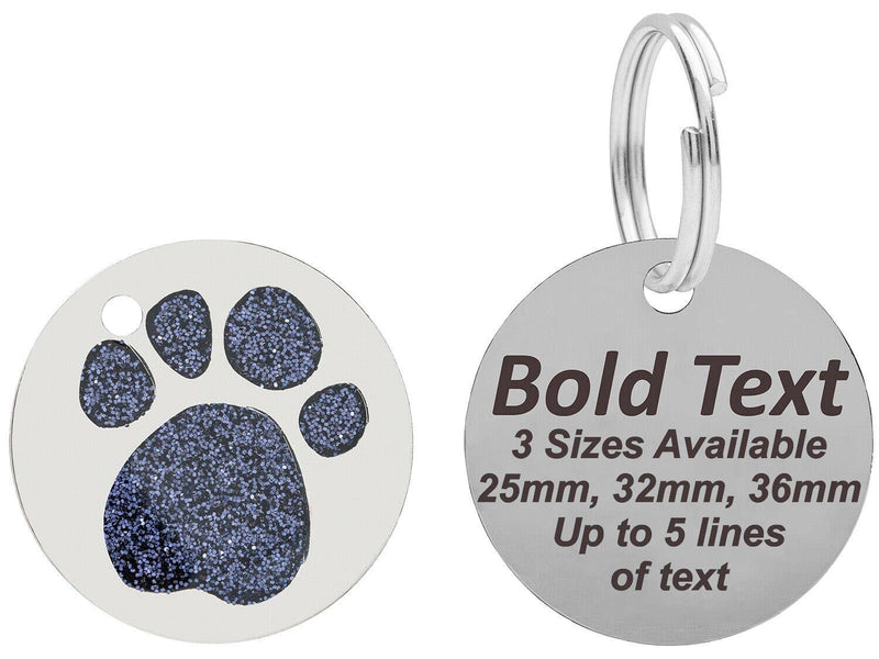 JK Personalised Engraved Round Glitter Paw Print BLACK BOLD LETTERING Dog/Cat Pet ID Tag Small/Large (Extra Large - 36mm, Black) Extra Large - 36mm - PawsPlanet Australia