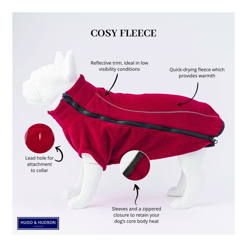 HUGO & HUDSON Cosy Fleece Jacket for Small, Medium & Large Dogs, Reflective Winter Coats with Hole for Leads, Clothes and Accessories - Burgundy - XXS - PawsPlanet Australia