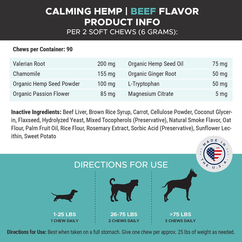 PetHonesty Hemp Calming Chews for Dogs - All-Natural Soothing Snacks with Hemp + Valerian Root, Stress & Dog Anxiety Relief - Helps Aid with Thunder, Fireworks, Chewing & Barking - 90 Count Beef Liver - PawsPlanet Australia