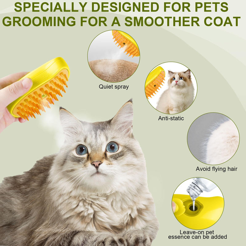 Steamy Cat Brush - 3 In1 Cat Steamy Brush, Self Cleaning Steam Cat Brush, Cat Steamer Brush for Massage, Cat Hair Brush for Removing Tangled and Loosse Hair Yellow - PawsPlanet Australia