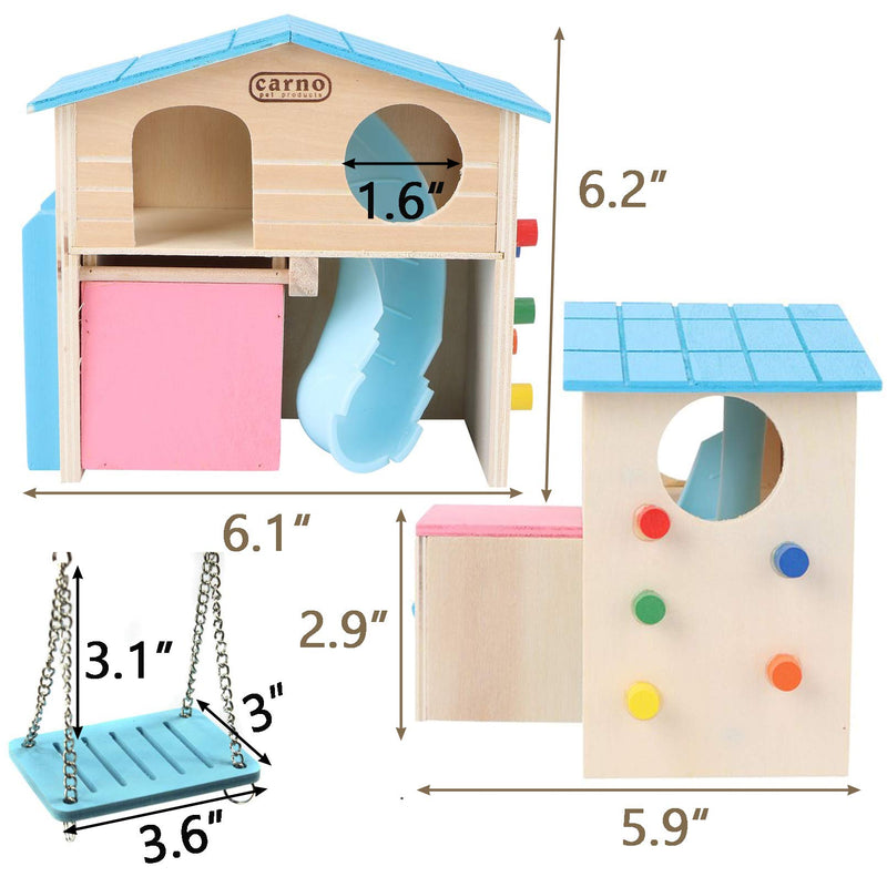 Pet Small Animal Hideout Hamster House Deluxe Two Layers Wooden Hut with Climbing Ladder Slide Play Toys Chews for Dwarf Hamster and Mouse(2 PCS) blue - PawsPlanet Australia