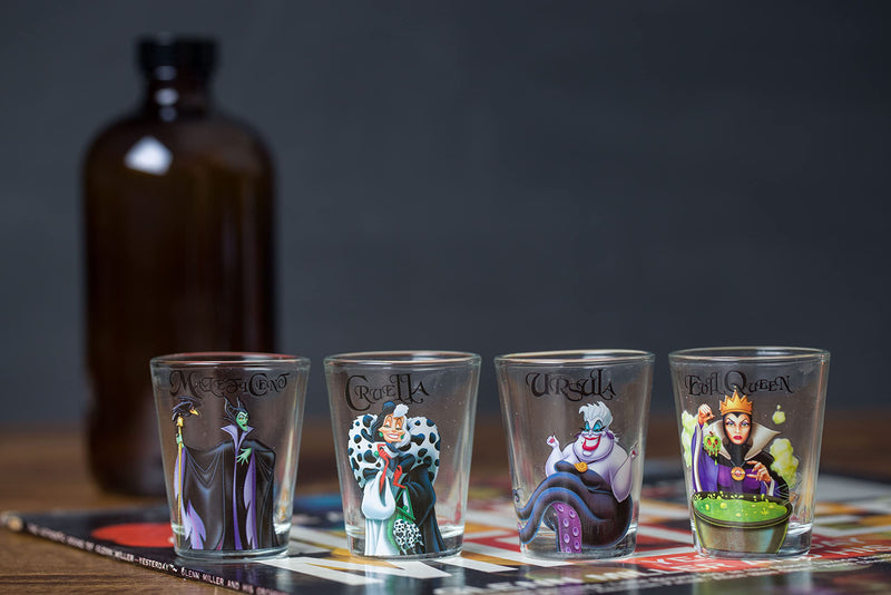 Silver Buffalo Disney Villains Queen, Cruella, Malificent, and Ursula 4-piece Mini Glass Set, 1-Ounce Each, Clear - PawsPlanet Australia