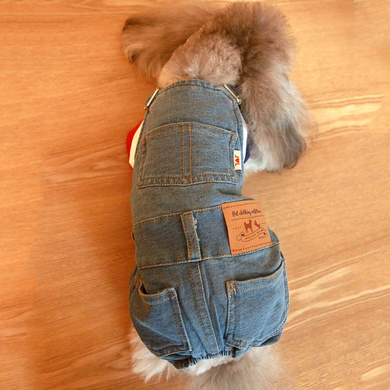 [Australia] - LKEX Small Dog Clothes Costumes, Pet Jean Overalls Clothes Shirt, Soft Cat Fashion Denim Pants S Neck:23-29cm Chest:30cm Length:22cm 