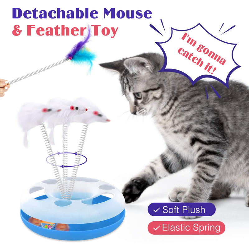 Lewondr Cat Toy Roller, Interactive Funny Toys for Cat Exercise Chaser Training Kitten Toy Cat Scratcher Play Set with a Mouse, Feather and Moving Ball Amusement Turntable Teaser Toy - Blue - PawsPlanet Australia