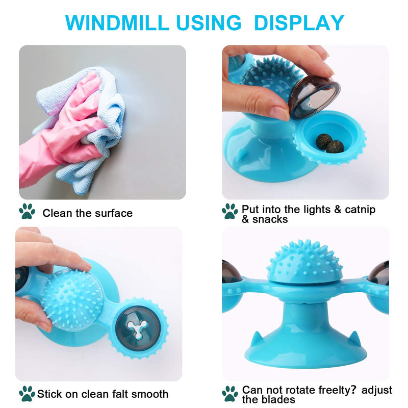 Exboard Windmill Cat Toys, Turntable Interactive Cat Toy with Suction Cup Brush for Cat Tooth Cleaning Scratching,Wall Mount Cat Spinner with Rotatable Toy ball (Blue) - PawsPlanet Australia