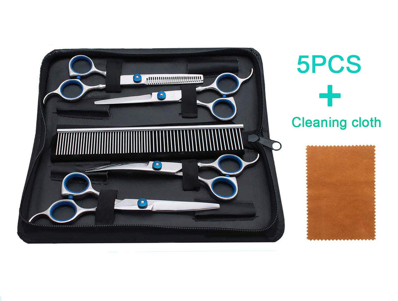 [Australia] - Dog Cat Grooming Scissors, Stainless Steel Pet Grooming Trimmer Kit, Pet Groom Hair Tool Set-Perfect Thinning, Straight, Curved Shears with Comb for Long & Short Hair 5 Pieces One Set by Vicsun 