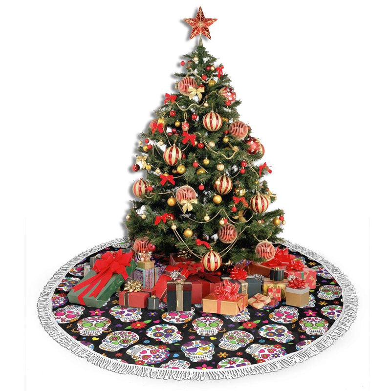 MSGUIDE Sugar Skull Christmas Tree Skirt with Tassel, Xmas Tree Mat Base Cover Christmas Ornament for Festive Holiday Party Decoration(48inch) - PawsPlanet Australia