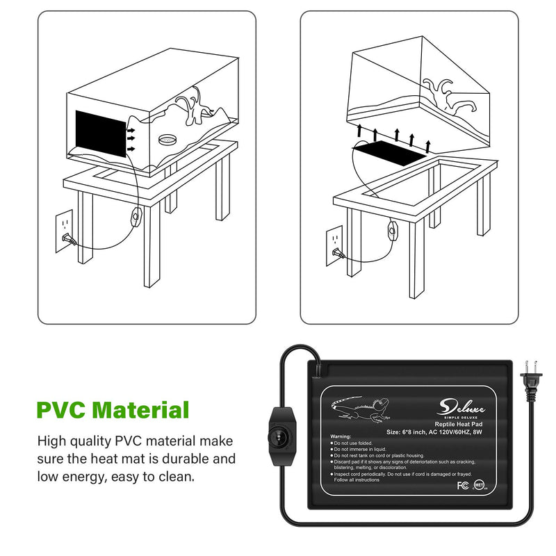 Simple Deluxe Reptile Heat Mat Temperature Adjustable Under Tank Heater Terrarium Warmer Heating Pad for Amphibians and Reptiles Pet, Multi Sizes 6 X 8 Inch - PawsPlanet Australia