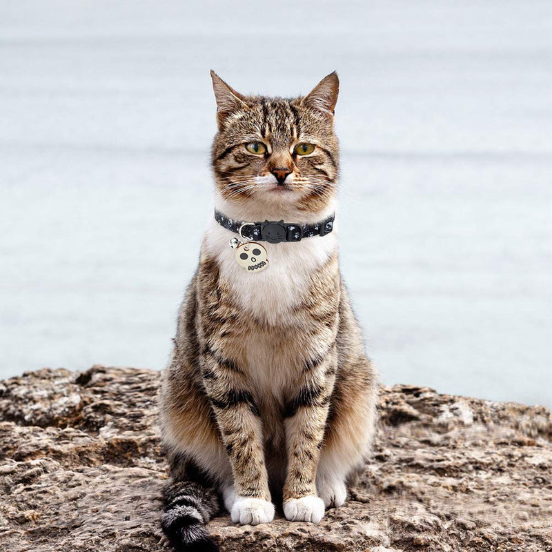 PUPTECK Breakaway Cat Collar with Bell - 2 Pack Personalized Skull Pattern Collars with Wooden ID Tag for Kitten Kitty Black&Green - PawsPlanet Australia