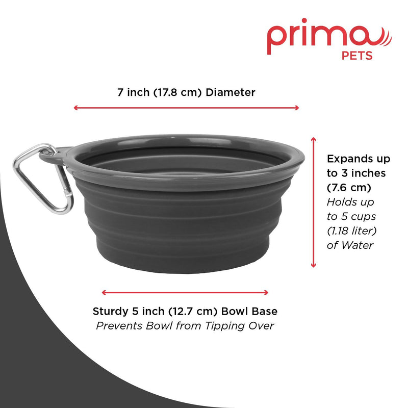 [Australia] - Prima Pets Collapsible Silicone Food & Water Travel Bowl with Clip for Dog and Cat, Small (1.5 Cups) & Large (5 Cups) LARGE (5 CUPS) - 2 PACK GREY 