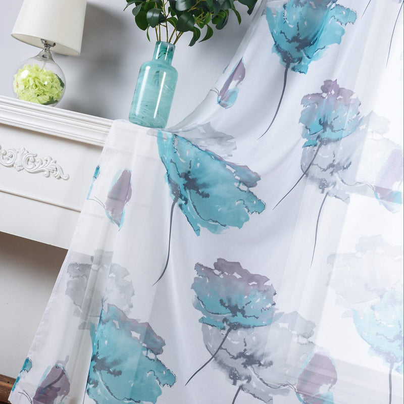 Contemporary Watercolor Petal Print Curtains 84 Inch Length 2 Pieces Green Flower Curtains for Patio Glass Door,Ornamental Grommet Floral Sheer Curtains,2 Panel Set,54W ×84L Inches,Blue-Green Grey-green Flower 84"L |Pair - PawsPlanet Australia