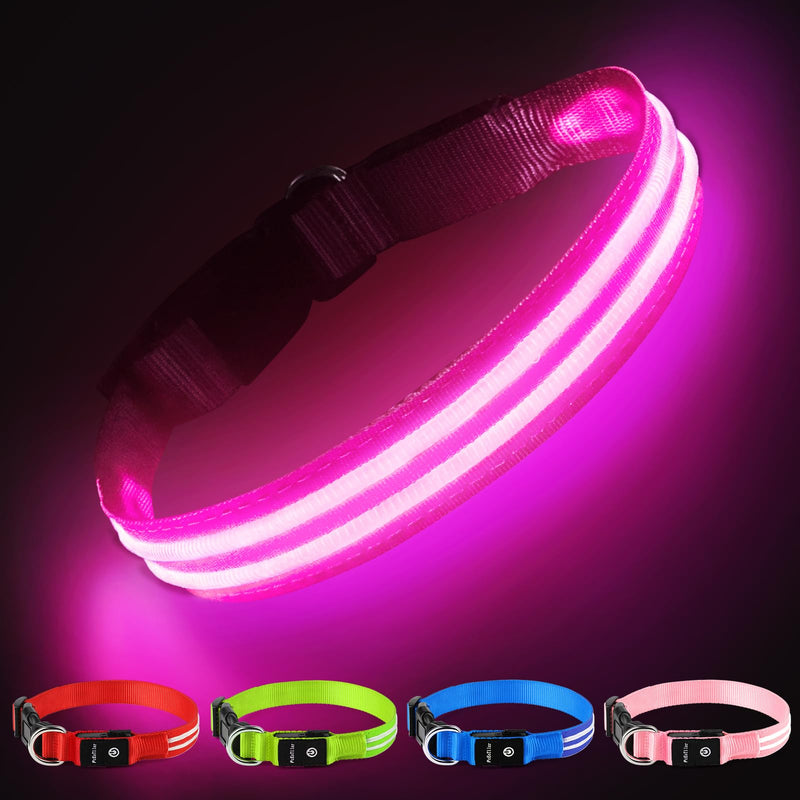PcEoTllar Dog Collar Luminous Rechargeable, Luminous Collar Dog Waterproof Adjustable Flashing Light LED Collar Dog for Small Medium Large Dogs, Visibility in the Dark, Pink-L L(48-60cm/19-23.6inch) - PawsPlanet Australia