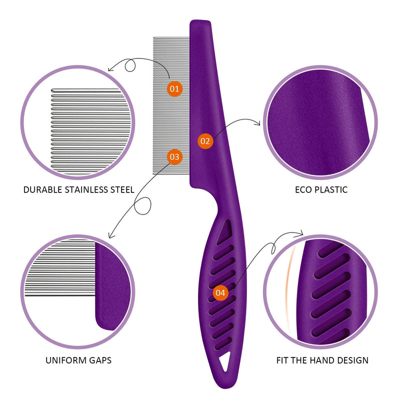 2 Pieces Flea Tear Stain Remover Comb Pet Dogs Cats Grooming Tool Stainless Steel Safe Metal Tooth Removal Combs, Clean Lice/Tangles/Knots/Crust/Dirt (Purple) - PawsPlanet Australia