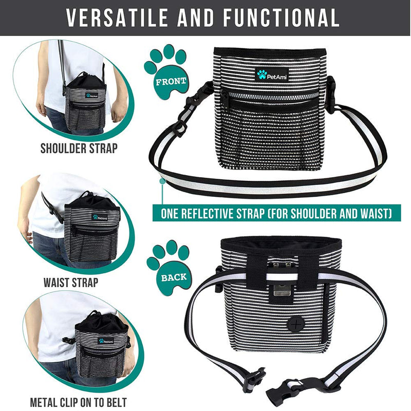 PetAmi Dog Treat Pouch | Dog Training Pouch Bag with Waist Shoulder Strap, Poop Bag Dispenser and Collapsible Bowl | Treat Training Bag for Treats, Kibbles, Pet Toys | 3 Ways to Wear One Size Black Stripes - PawsPlanet Australia