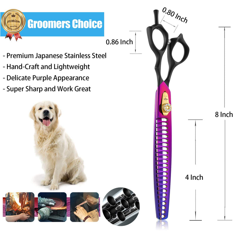 PURPLEBIRD 8 Inch Dog Grooming Scissors Professional Straight, Downward Curved Pet Cutting, Thinning Texturizing, Chunker Shears Safety Trimming Shearing for Dogs Cats Japanese Stainless Steel Purple 8 Inch Chunker - PawsPlanet Australia