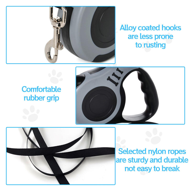 Roll-up dog leash, 1 piece, gray, 5 m roll-up leash for dogs, automatic extendable dog leash, anti-slip handle and quick brake button for small dogs up to 25 kg - PawsPlanet Australia