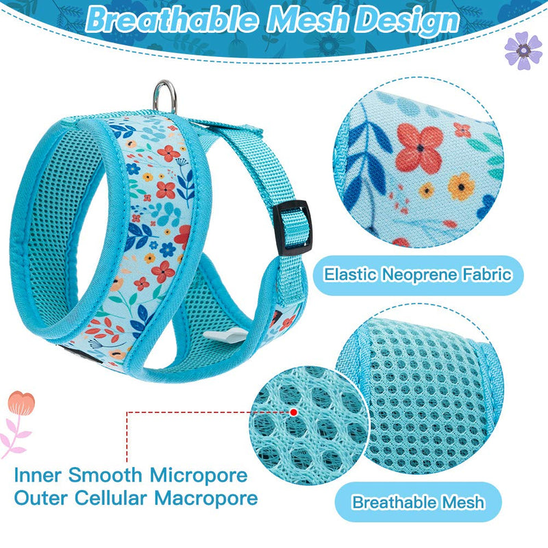 PUPTECK Breathable Dogs Harness Leash Set for Small Dogs Cats, Soft Adjustable Puppy Vest Harness No Pull with Floral Pattern S-Chest Girth: 14-18in Blue - PawsPlanet Australia
