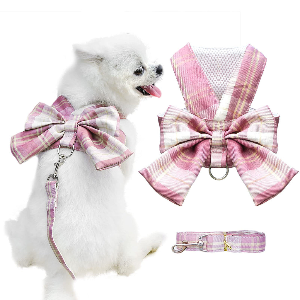 AXIIJGL Dog Harness and Leash Set with Bow No Pull Pet Classic Plaid Harness and Leash with D-Ring Soft Mesh Harness Set Escape Proof Puppy Harness Vest for Small Girl Dogs Cats(Pink S) pink - PawsPlanet Australia